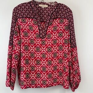 LOFT Blouse‎ Women's Small Red Pink Geometric Print Long Sleeve Top